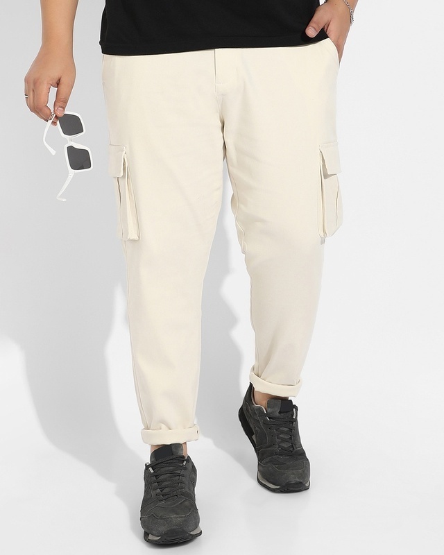 Shop Men's Yellow Oversized Plus Size Cargo Trousers-Front