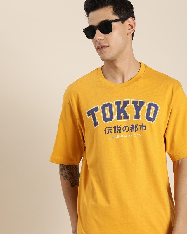 Shop Men's Yellow Tokyo Typography Oversized T-shirt-Front