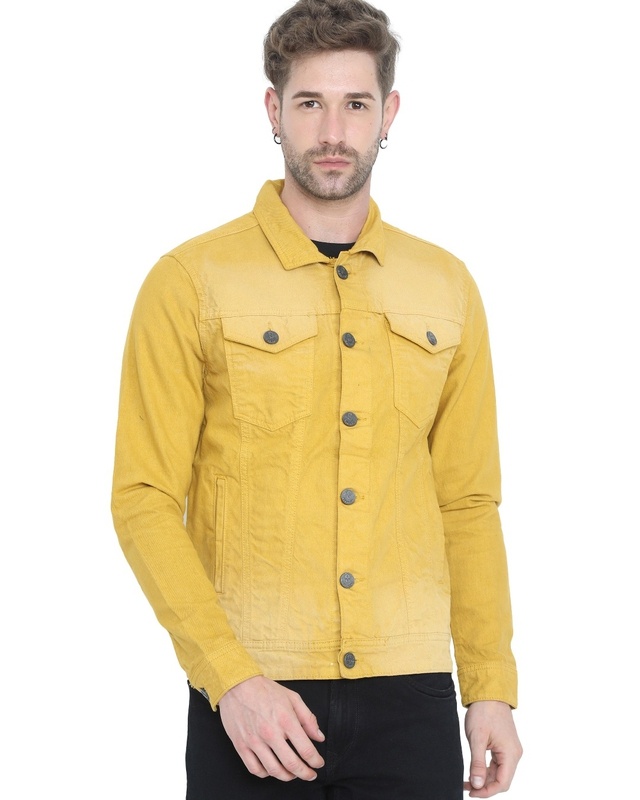 Shop Men's Yellow Washed Denim Jacket-Front