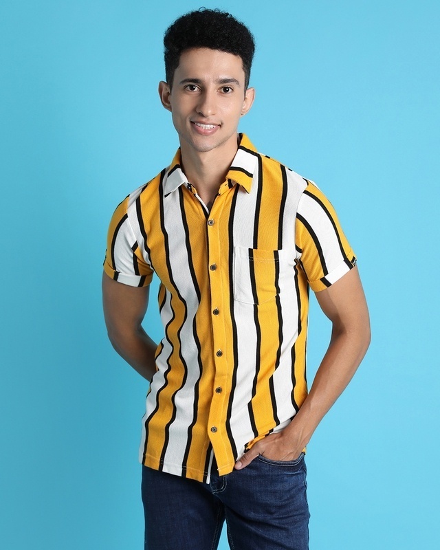 Shop Men's Yellow & White Striped Cotton Shirt-Front