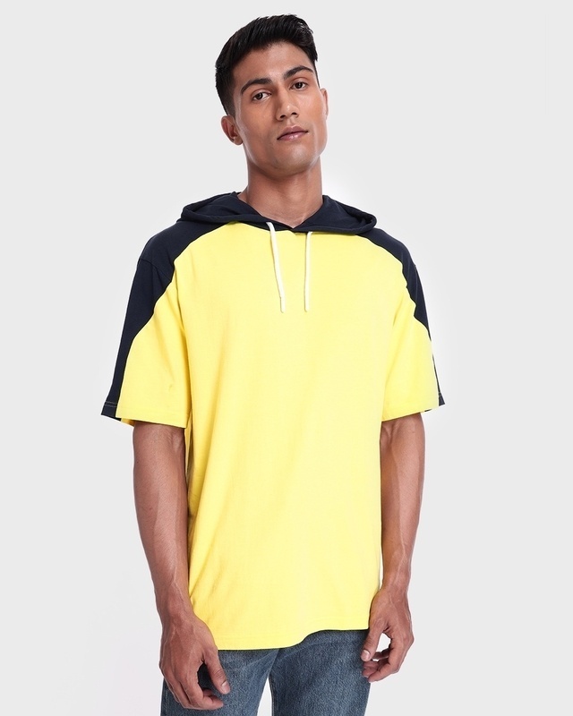 Shop Men's Yellow & Black Color Block Oversized Hoodie T-shirt-Front