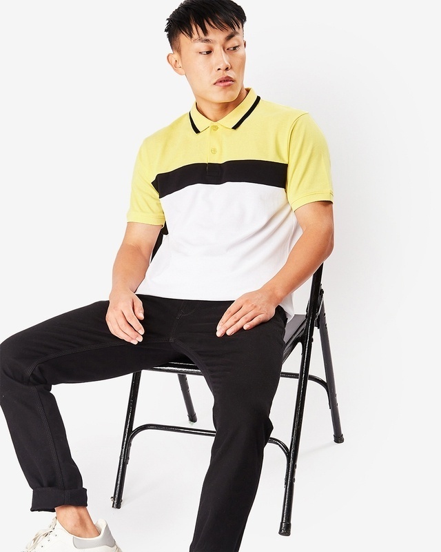 Shop Men's Yellow & White Color Block Polo T-shirt-Front