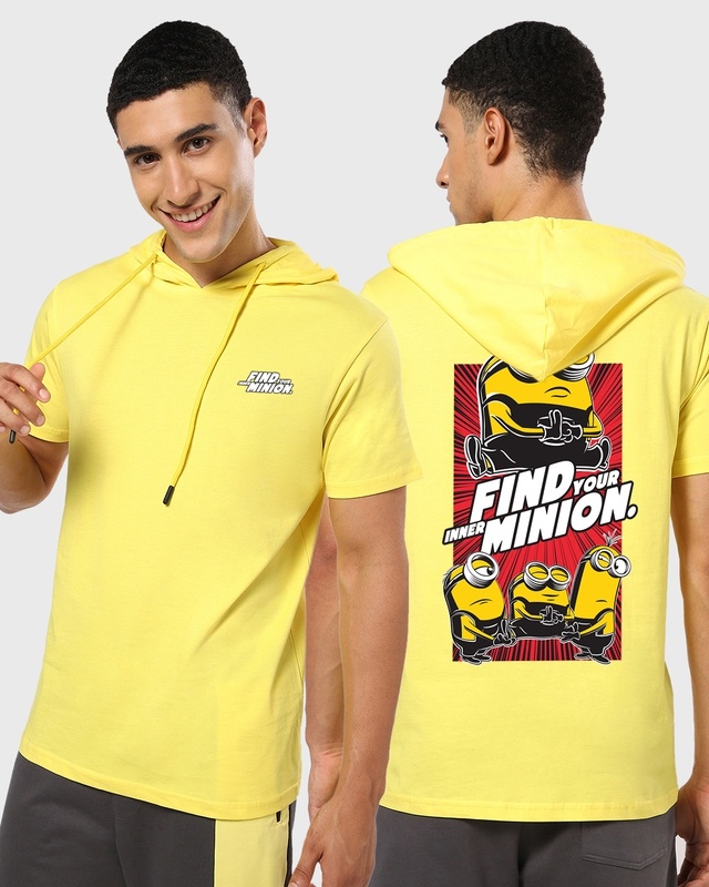 Shop Men's Yellowtail Find your Minion Graphic Printed Oversized Hoodie T-shirt-Front