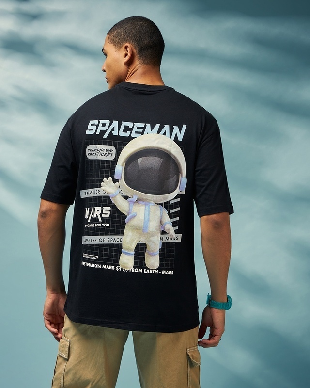 Shop Men's Black Spaceman Graphic Printed Oversized T-shirt-Front