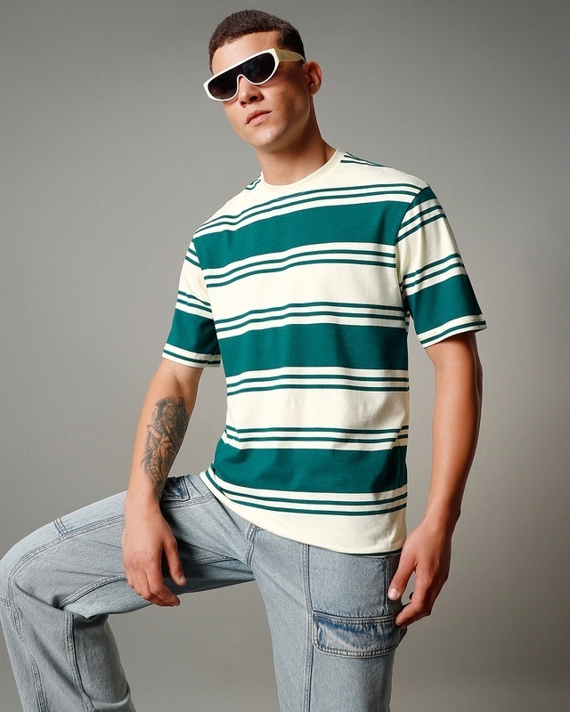 Shop Men's White & Green Striped Oversized T-shirt-Front