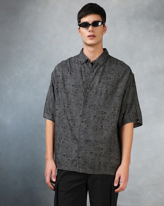 Shop Men's Grey All Over Printed Super Loose Fit Shirt-Front