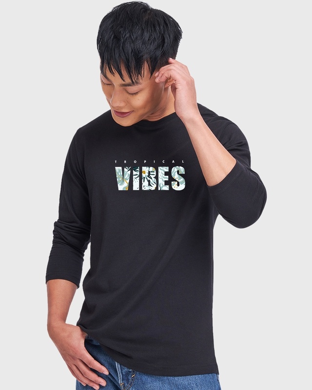 Shop Men's Black Tropical Vibes Typography T-shirt-Front