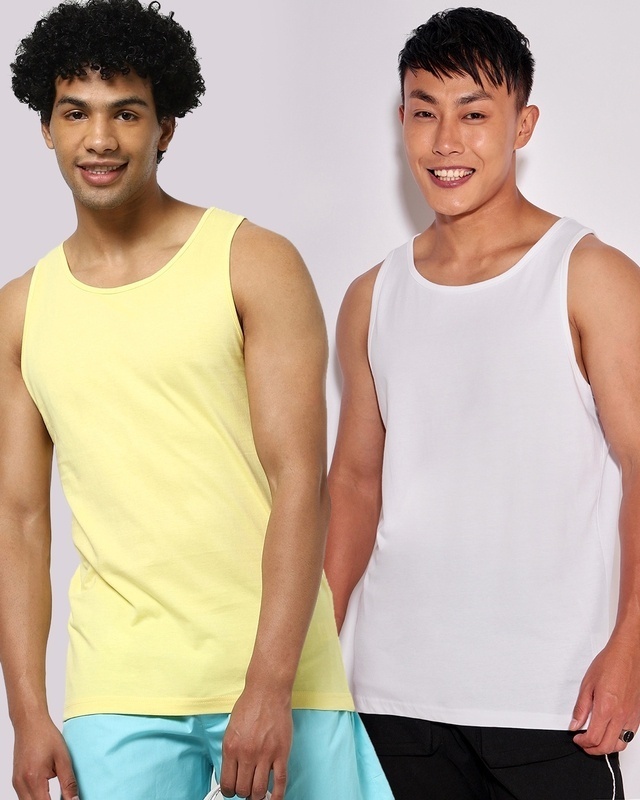 Shop Men's White & Lemon Drop Vest (Pack of 2)-Front