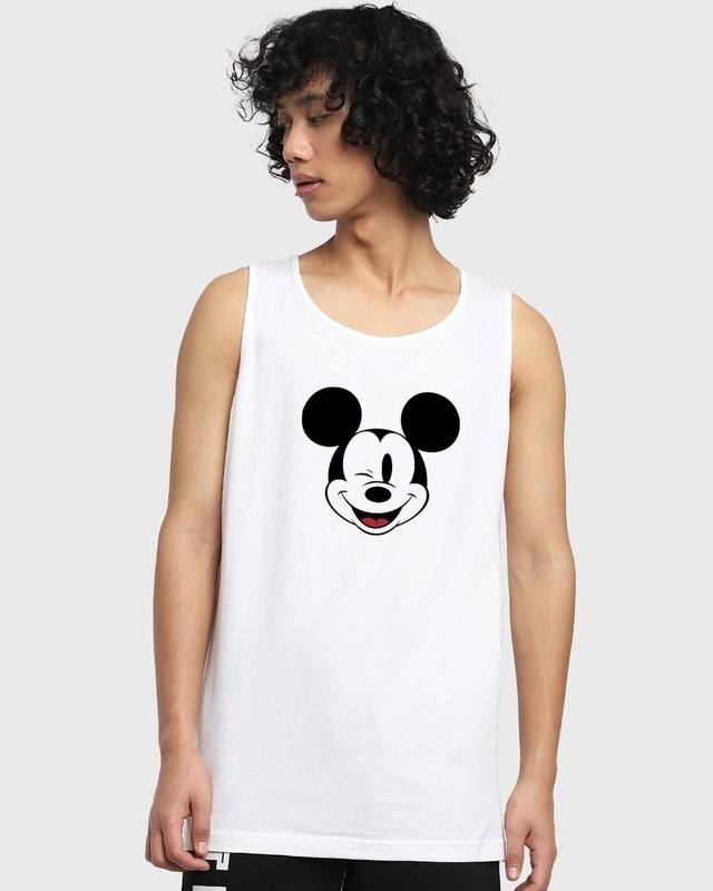 Shop Men's White Mickey Wink Graphic Printed Vest-Front