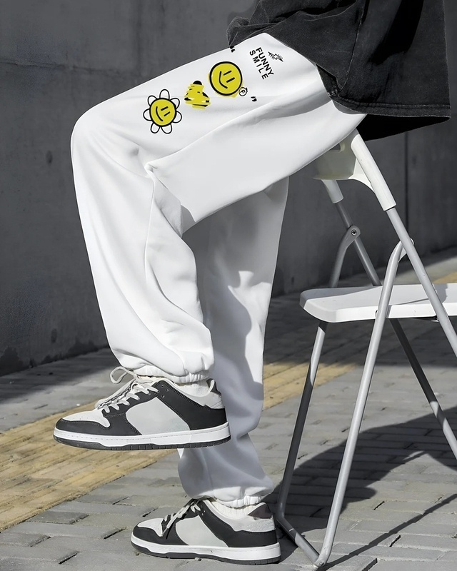 Shop Men White Smile Printed Relaxed Fit Joggers-Front