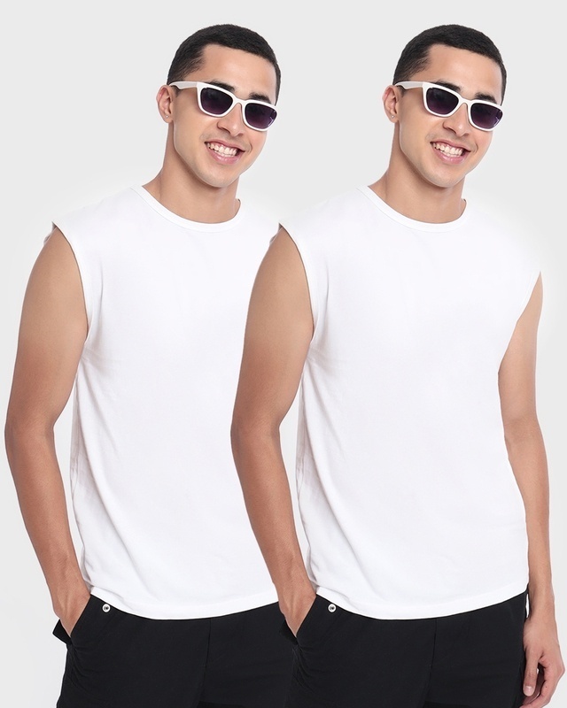 Shop Men's White Oversized Vest (Pack of 2)-Front