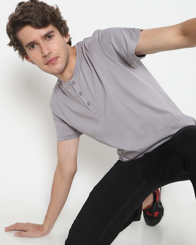 Shop Meteor Grey Half Sleeve Henley T-shirt-Front