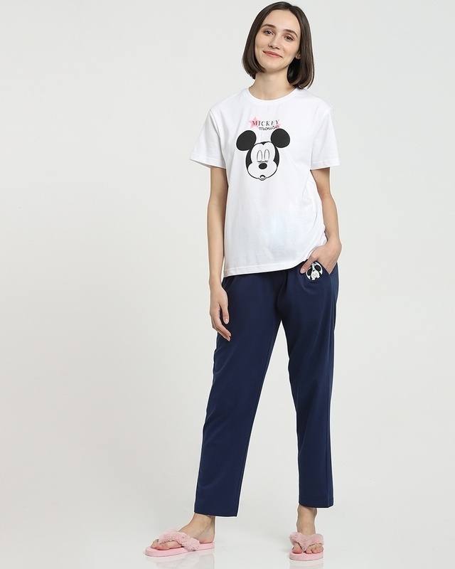 Shop Women's White & Blue Mickey Printed Lounge T-shirt & Pyjama Set-Front