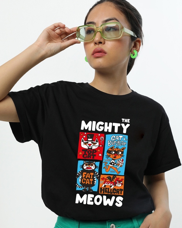 Shop Women's Black The Mighty Meows Graphic Printed Boyfriend T-shirt-Front
