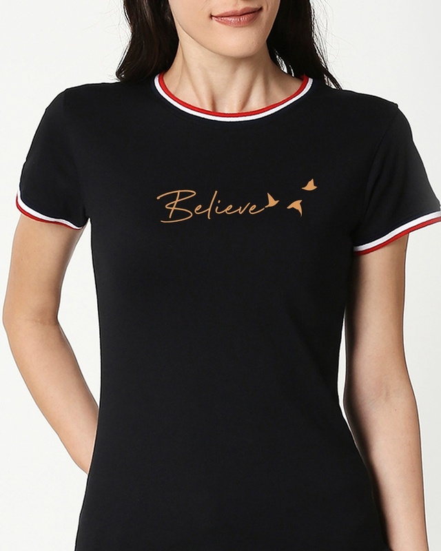 Shop Minimal Believe Crewneck Varsity Rib T-Shirt-Front