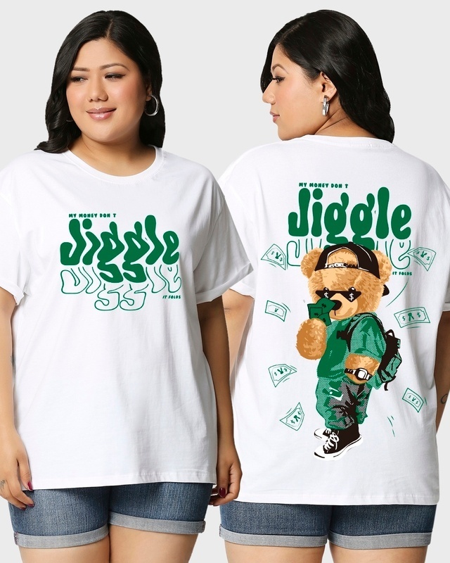 Shop Women's White Money Don't Jiggle Graphic Printed Plus Size Boyfriend T-shirt-Front