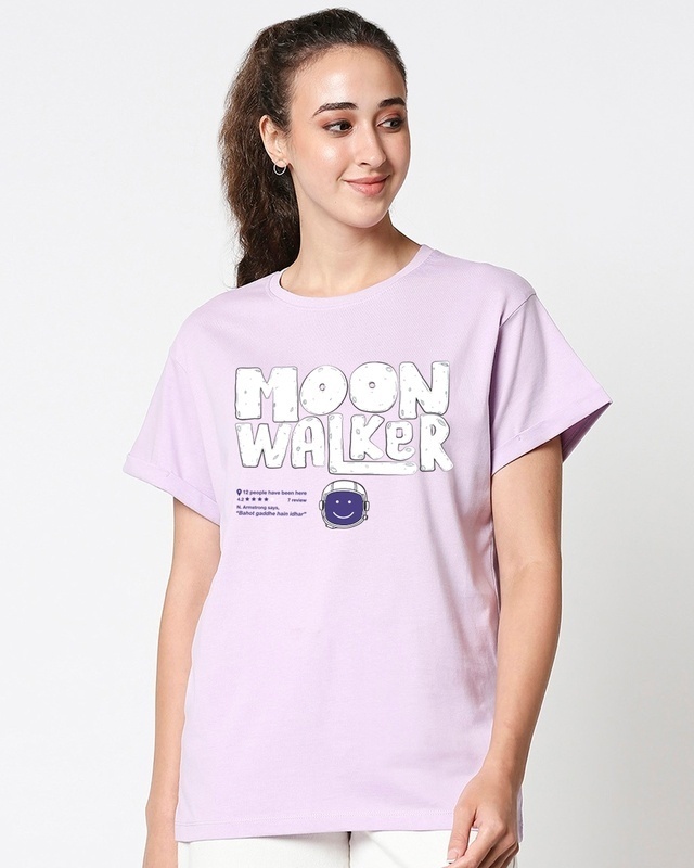 Shop Women's Purple Moon Walker Typography Boyfriend T-shirt-Front