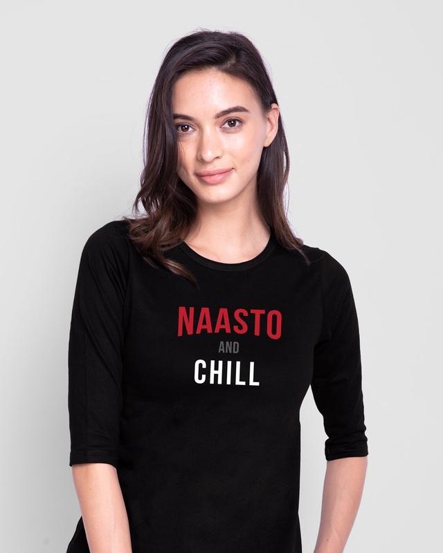Shop Naasto And Chill Round Neck 3/4 Sleeve T-Shirt Black-Front