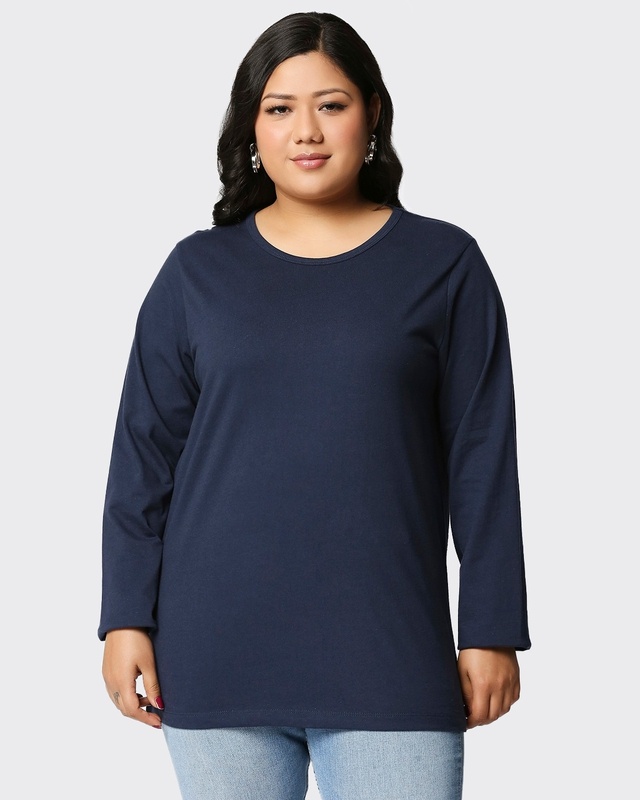 Shop Navy Blue Full Sleeve Plus Size T-Shirt-Front