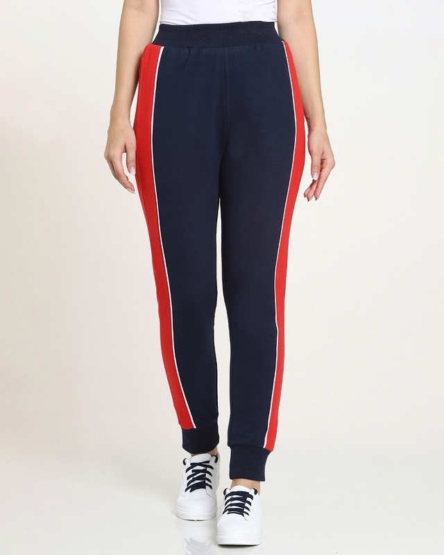 Shop Navy Blue-High Risk Red WINO Fashion Color Block Joggers AW 21-Front
