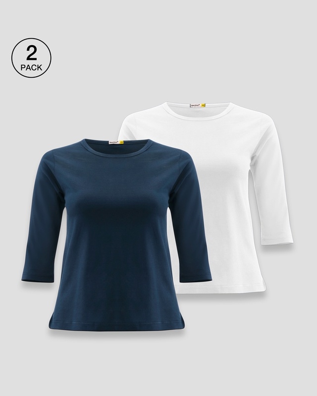 Shop Navy Blue & White Round Neck 3/4th Sleeve T-Shirt - Pack of 2-Front