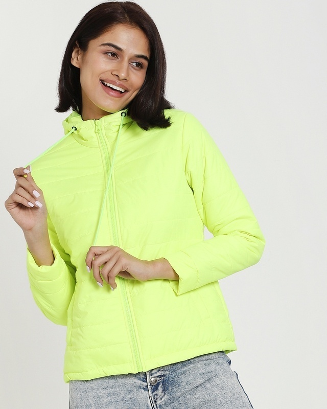 Shop Women's Neon Green Basic Relaxed Fit Puffer Jacket-Front