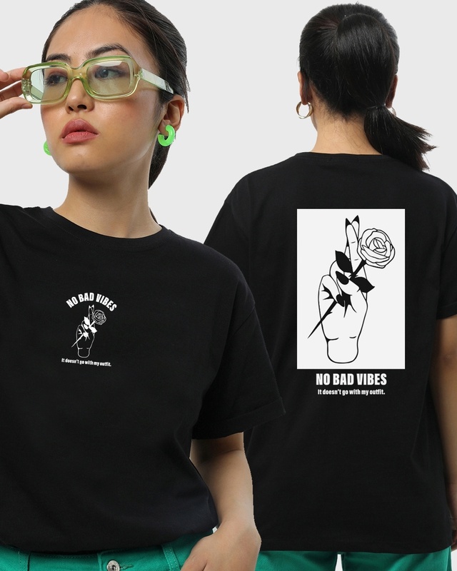 Shop Women's Black No Bad Vibes Graphic Printed Boyfriend T-shirt-Front