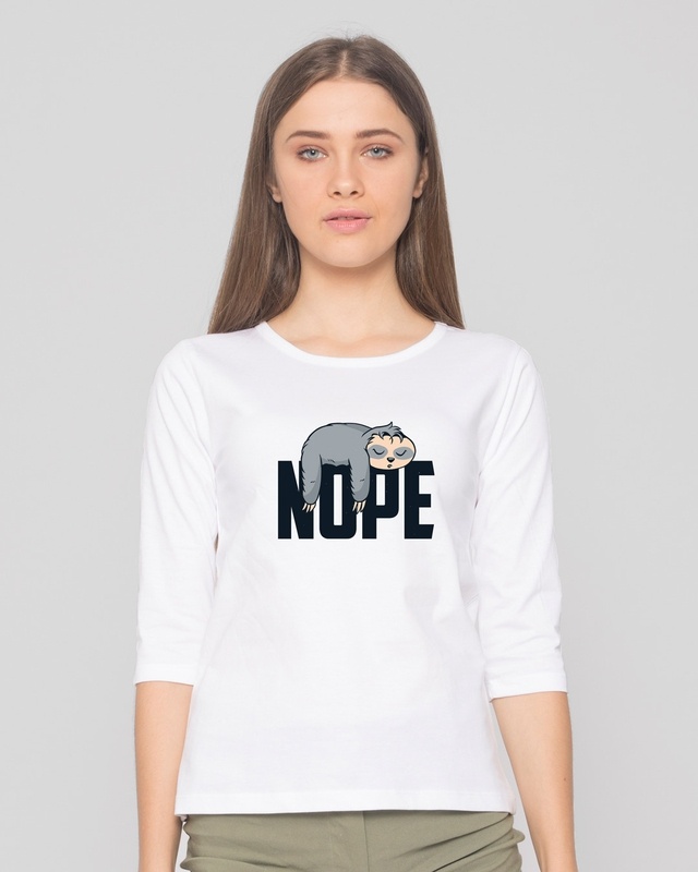 Shop Nope Lazy 3/4th Sleeve Slim Fit T-Shirt White-Front
