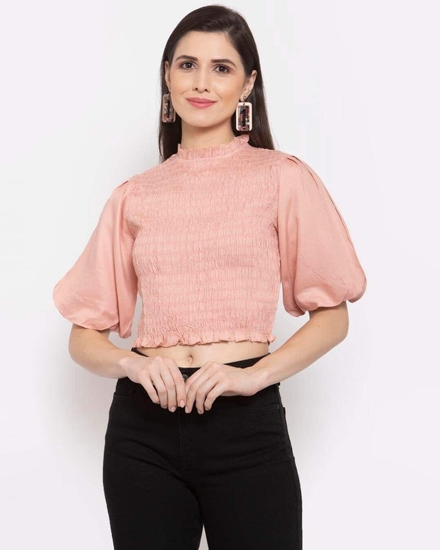 Shop Nude Puff Sleeve Women's Fitted Crop Top-Front