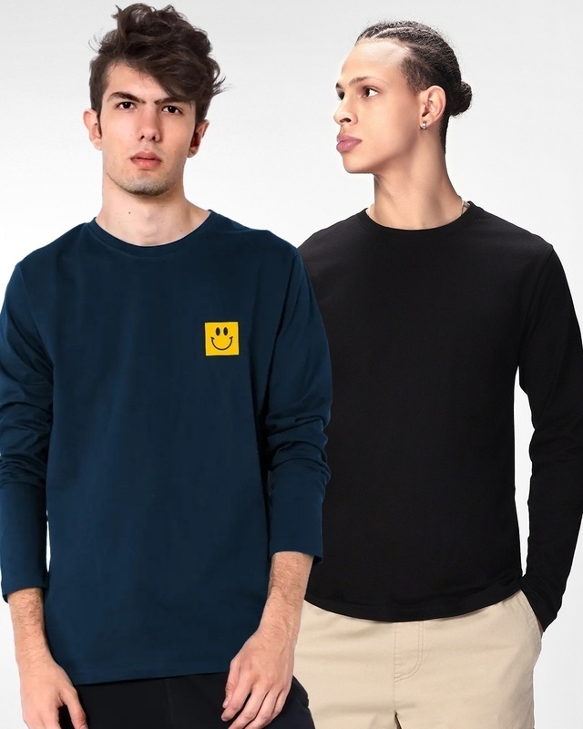 Shop Pack of 2 Men's Blue & Black Printed T-shirts-Front