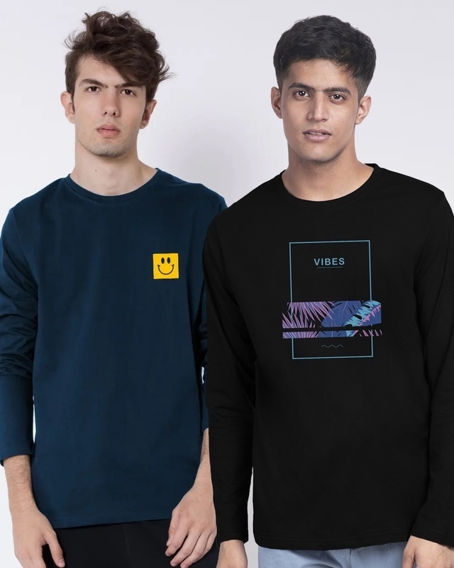 Shop Pack of 2 Men's Blue & Black Printed T-shirts-Front