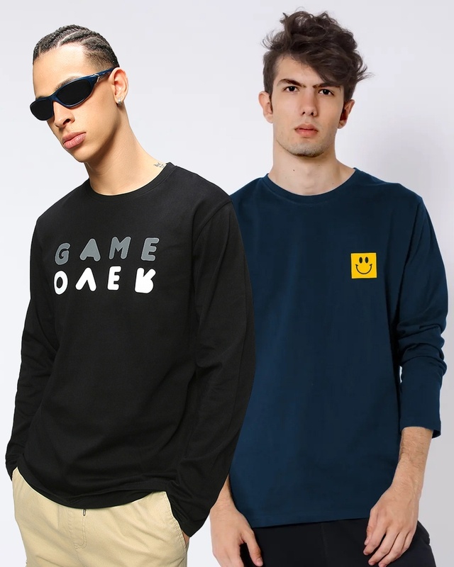 Shop Pack of 2 Men's Black & Blue Printed T-shirts-Front
