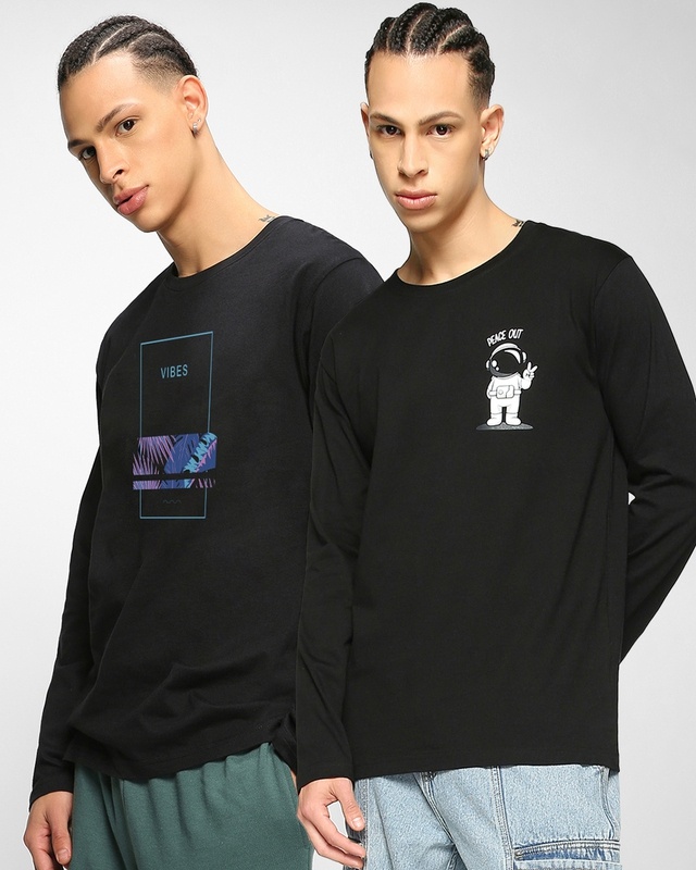 Shop Pack of 2 Men's Black Printed T-shirts-Front