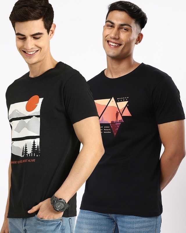 Shop Pack of 2 Men's Black Printed T-shirts-Front