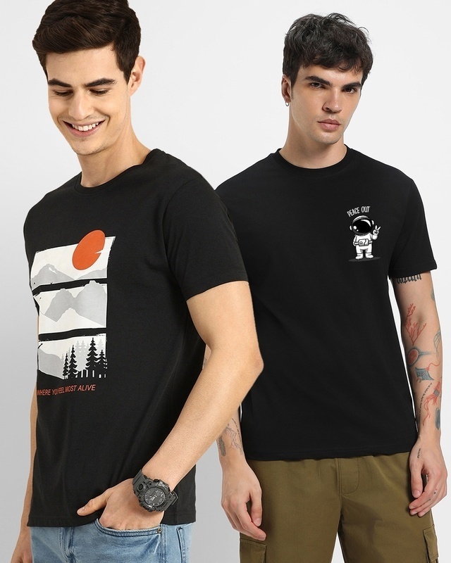 Shop Pack of 2 Men's Black Printed T-shirts-Front