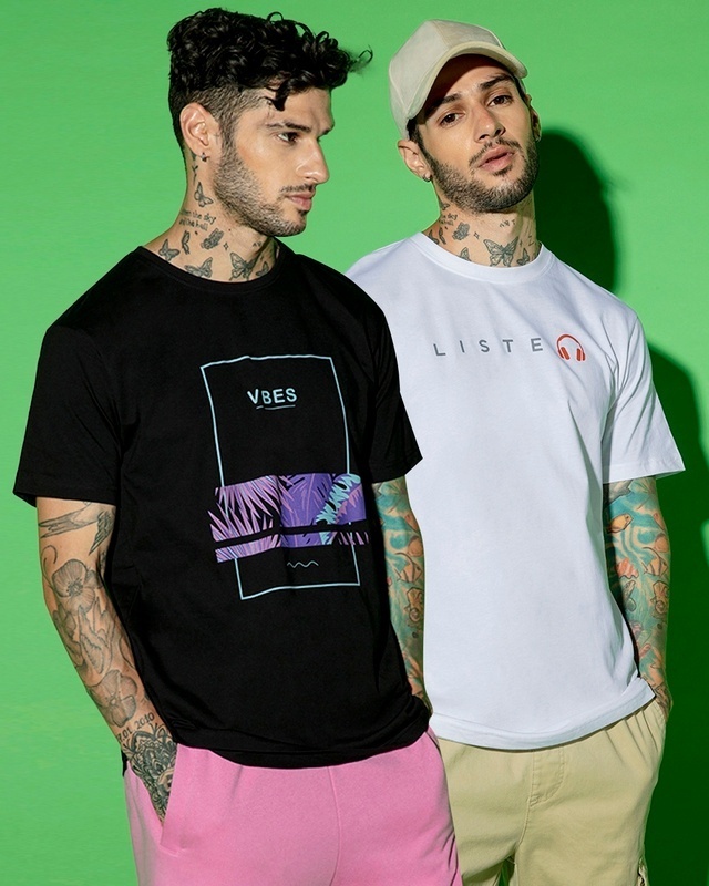 Shop Pack of 2 Men's Black & White Graphic Printed T-shirts-Front