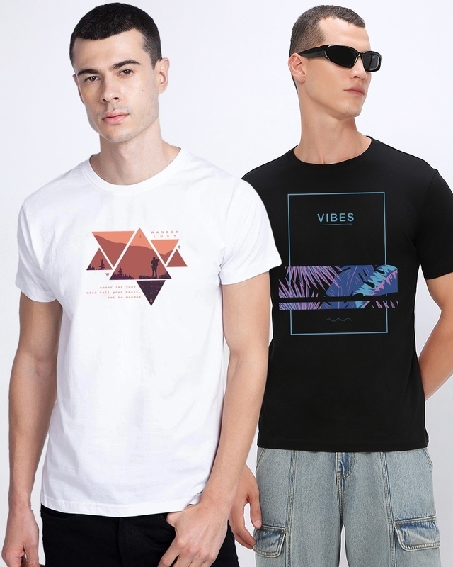 Shop Pack of 2 Men's White & Black Printed T-shirts-Front