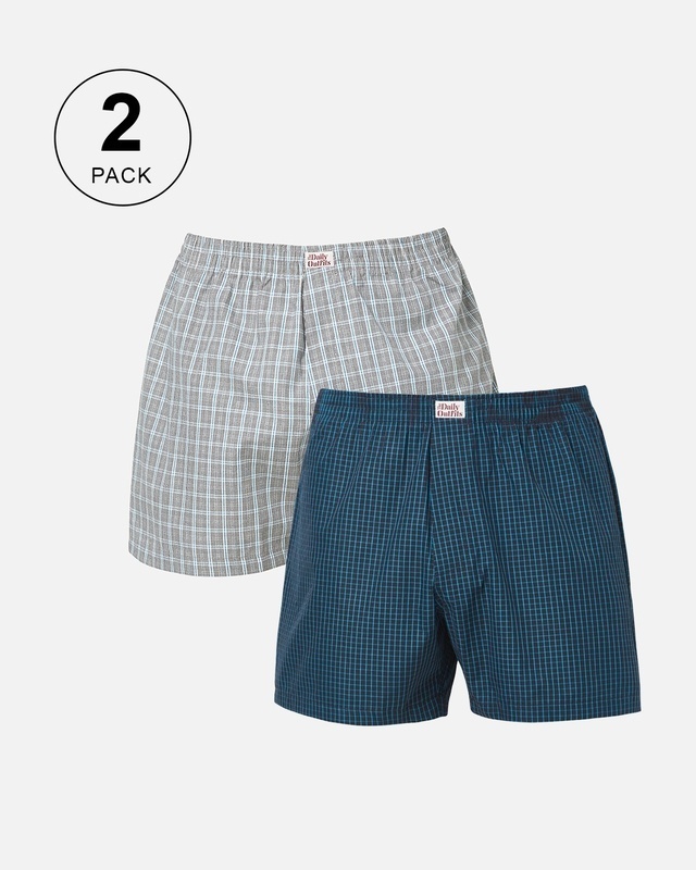 Shop Pack of 2 Men's Grey & Blue Checked Boxers-Front