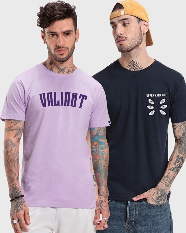 Shop Pack of 2 Men's Purple & Blue Printed T-shirts-Front