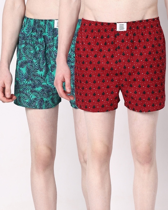 Shop Pack of 2 Men's Green & Red All Over Printed Boxers-Front