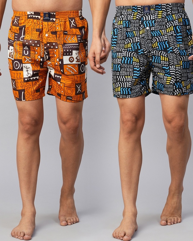 Shop Pack of 2 Men's Orange & Blue All Over Printed Relaxed Fit Boxers-Front