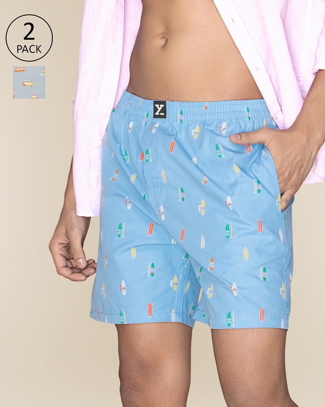 Shop Pack of 2 Men's Surfboard Blue & Bus Grey All Over Printed Boxers-Front