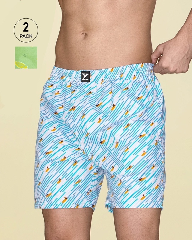 Shop Pack of 2 Men's Surfing Blue & Wave Green All Over Printed Boxers-Front