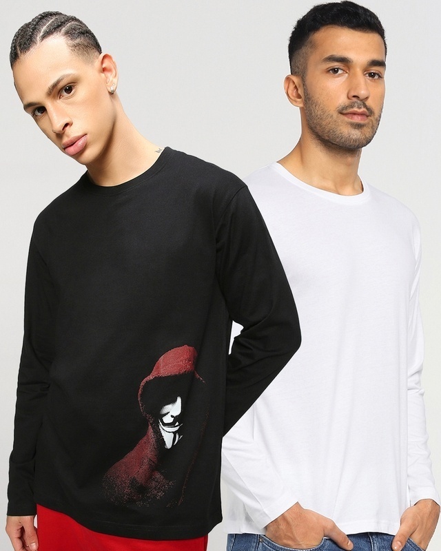 Shop Pack of 2 Men's Black & White Printed T-shirts-Front