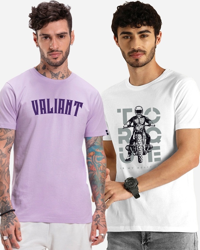 Shop Pack of 2 Men's Purple & White Printed T-shirts-Front