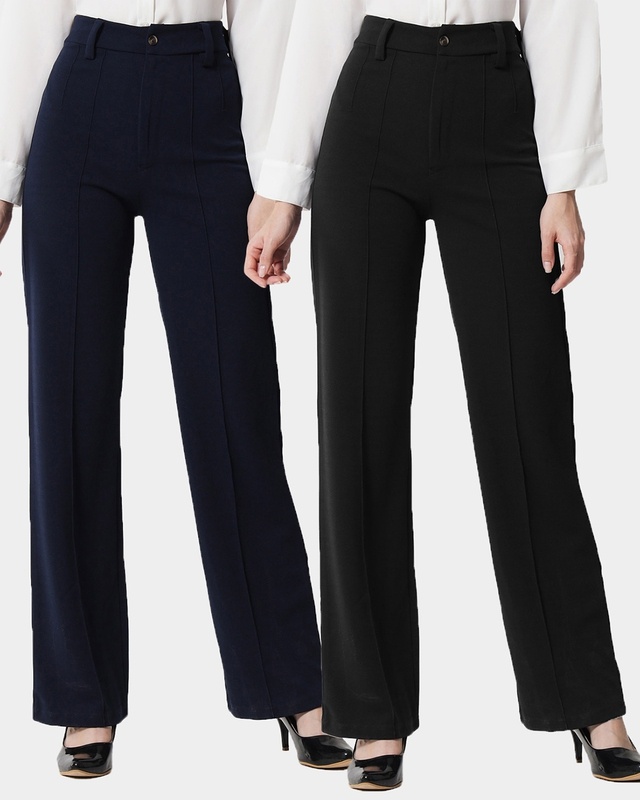 Shop Pack of 2 Women's Blue & Black Straight Fit Trousers-Front