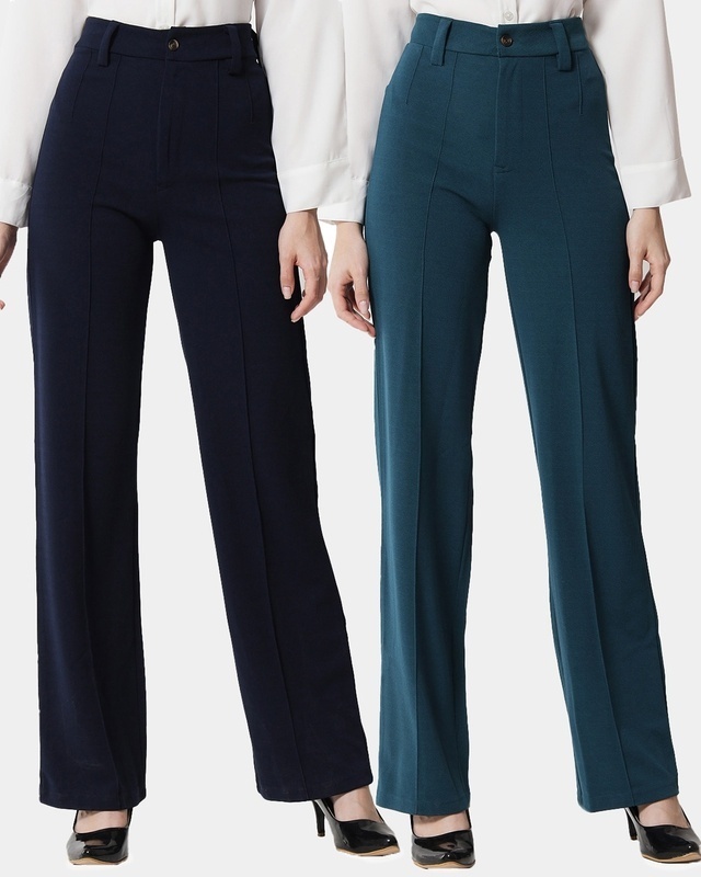 Shop Pack of 2 Women's Blue & Green Straight Fit Trousers-Front