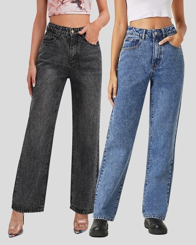 Shop Pack of 2 Women's Grey & Blue Straight Fit Jeans-Front