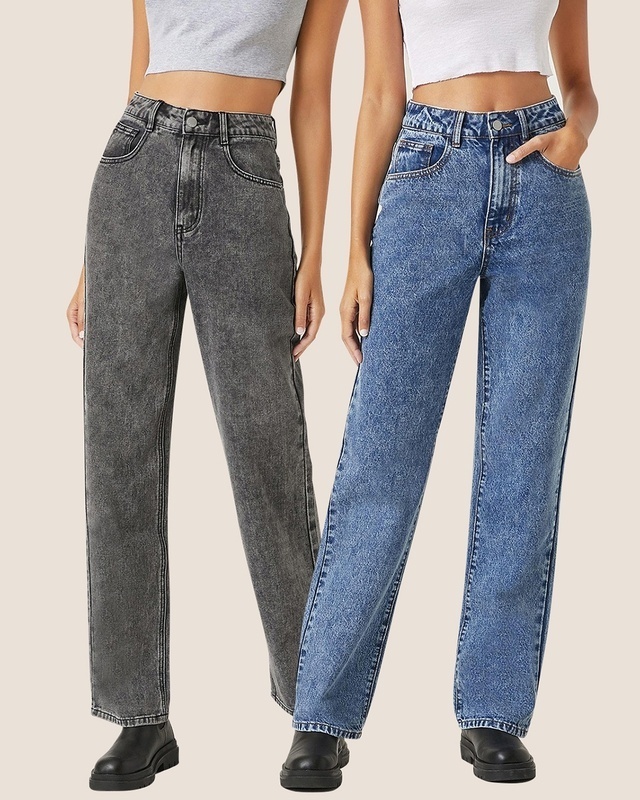 Shop Pack of 2 Women's Grey & Blue Straight Fit Jeans-Front
