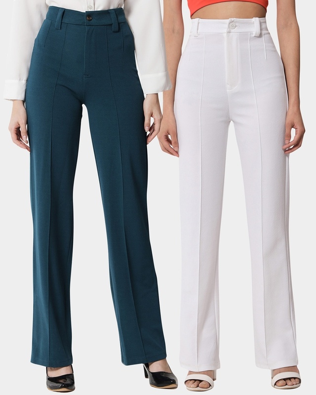Shop Pack of 2 Women's Green & White Straight Fit Trousers-Front